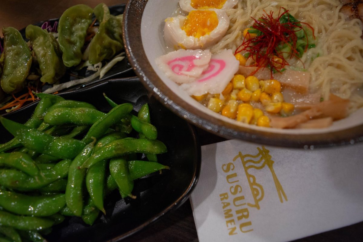 Tonkotsu ramen, vegetable gyoza, and edamame at Susuru Ramen on Green St.