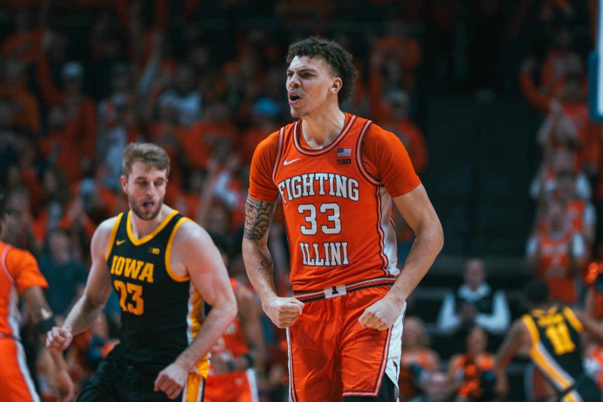 Senior Forward Coleman Hawkins jubilates in front of the Iowa defense toward the end of the game.