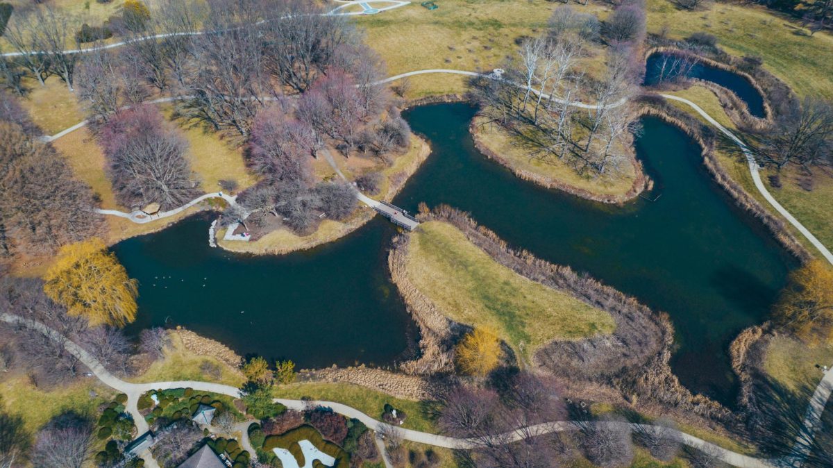 Aerial view of the University of Illinois Arboretum and Japan House, located along South Lincoln Avenue in Champaign.