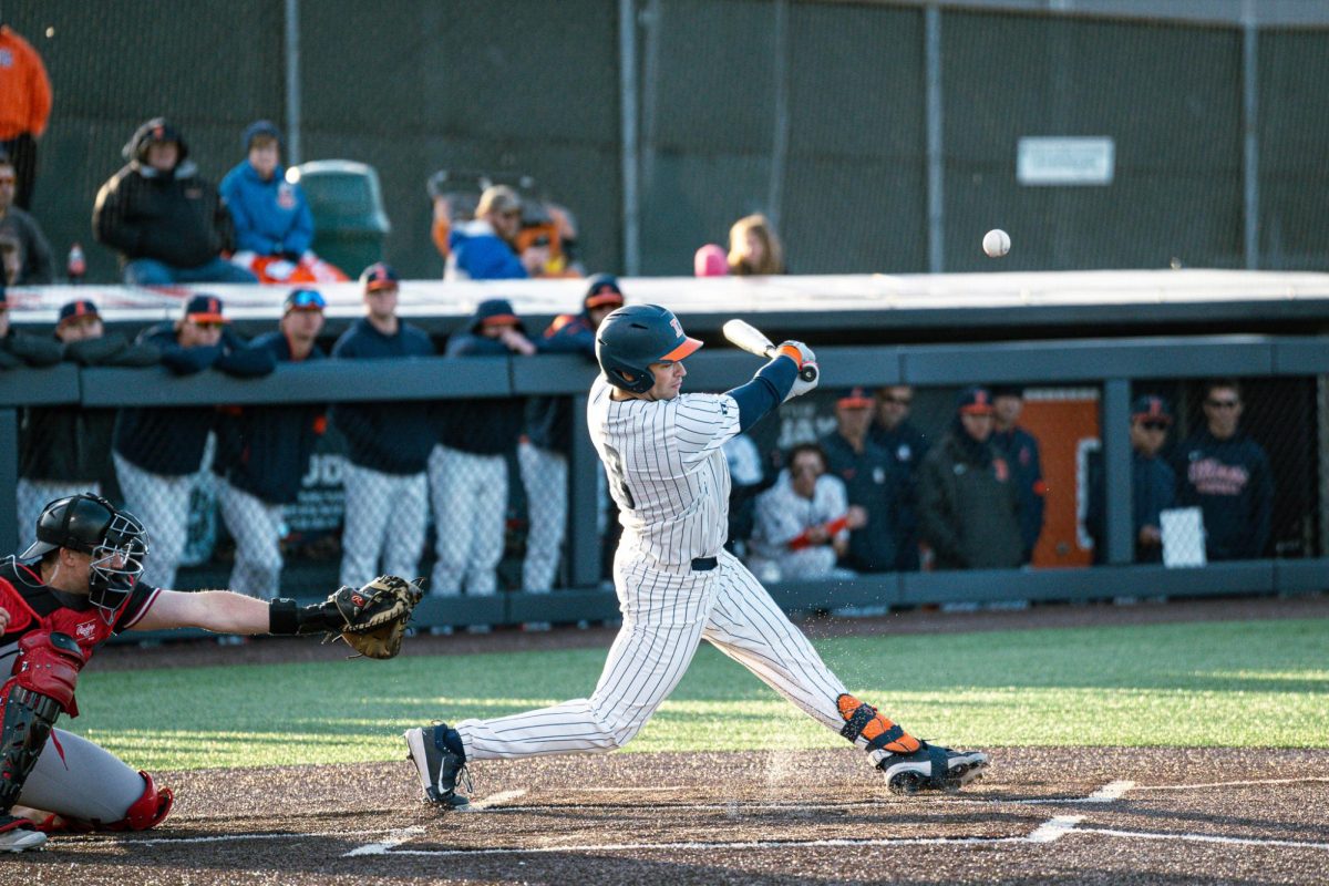 Redshirt senior catcher Jacob Schroeder fouls off a ball in the bottom of the fourth inning on Friday against Northern Illinois. Schroeder mashed three home runs against the Huskies on Sunday.