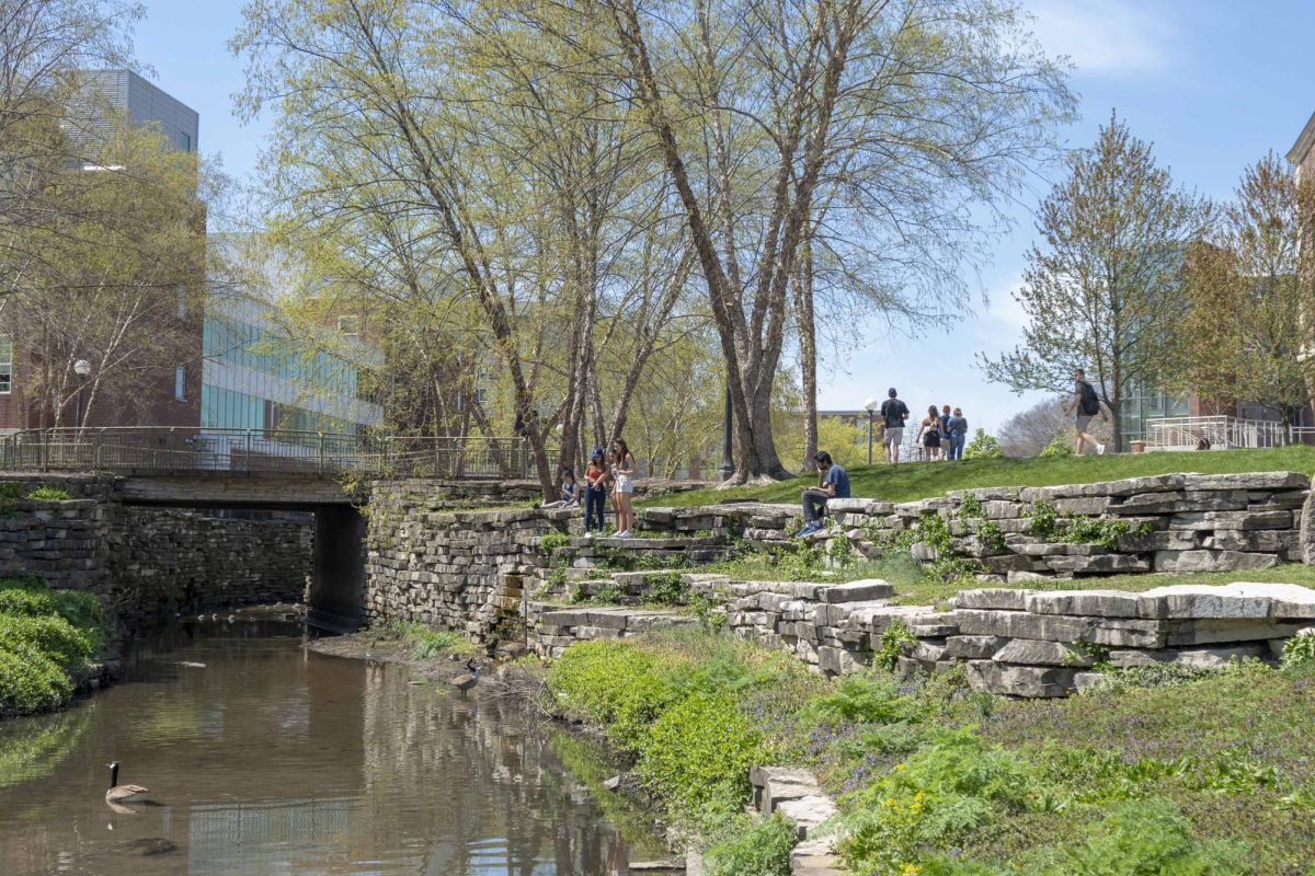 Students and community members walk around and sit by Boneyard Creek in Urbana.