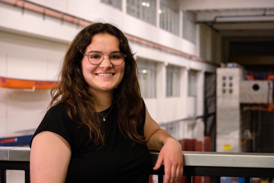 Leah Courtney, senior in Engineering, stands in the Newmark Civil Engineering Laboratory on April 15. 