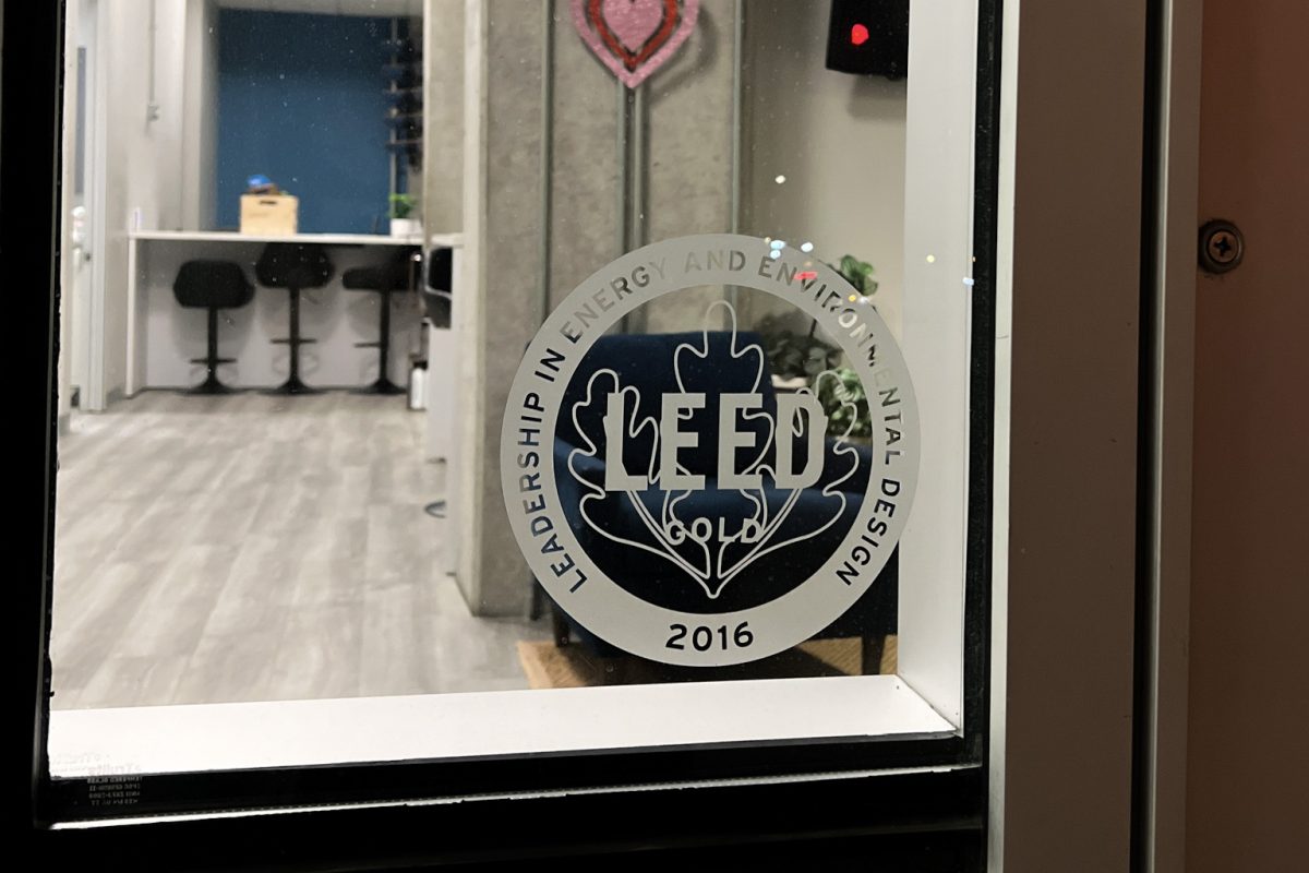 LEED certification embosses on the windows of the HERE apartment. 