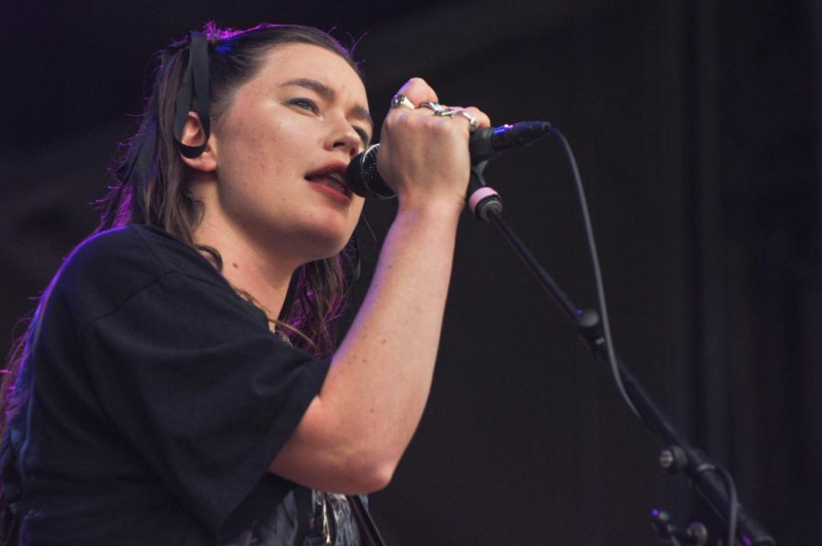 Rhian Teasdale sings alongside Hester Chambers as rock duo Wet Leg on the Discord stage for Lollapalooza on Friday. 