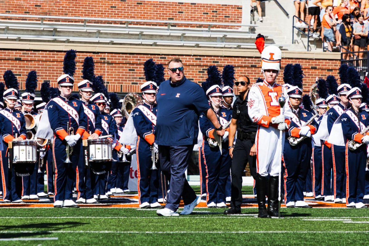 Head Coach Bret Bielema makes his entrance at Memorial Stadium on Sept. 23.
Bielema responds to the Illinis performance thus far in the season.