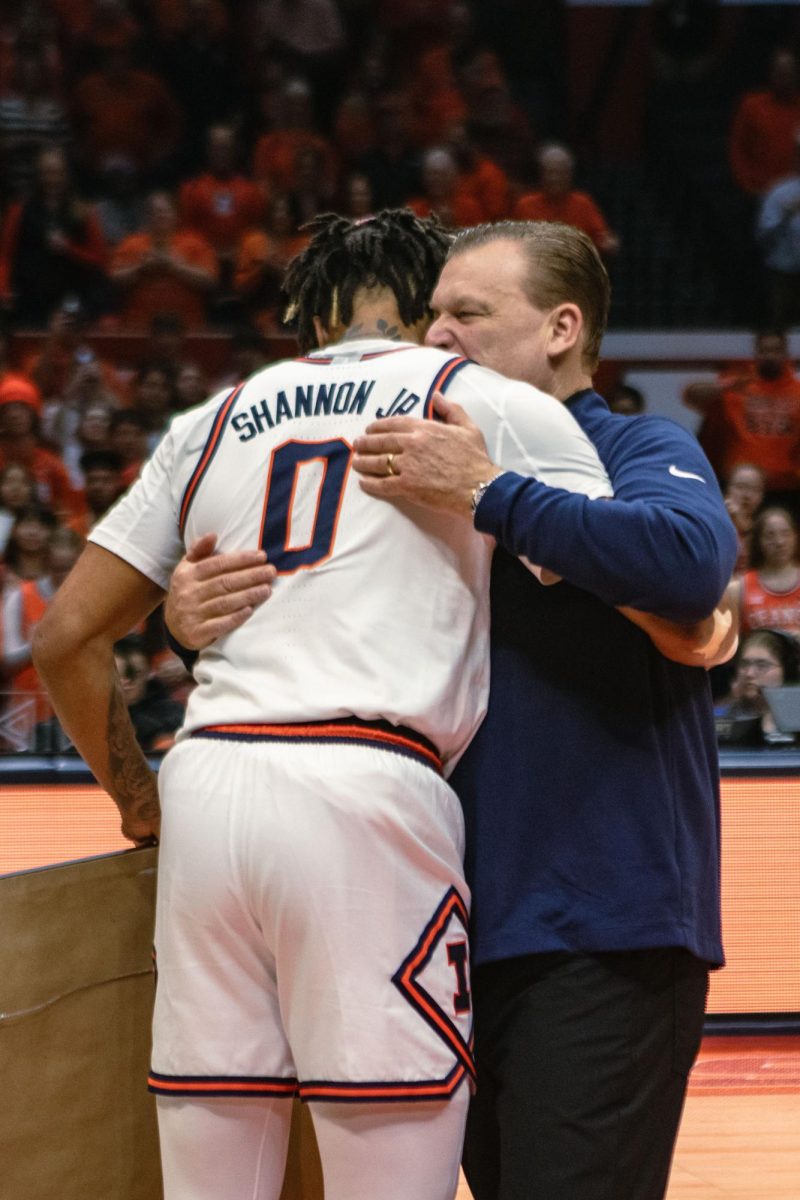 Head coach Brad Underwood embraces fifth year guard Terrence Shannon Jr. during senior night at the State Farm Center on March 5. Shannon has been found not guilty of sexual assault charges by a Kansas jury.