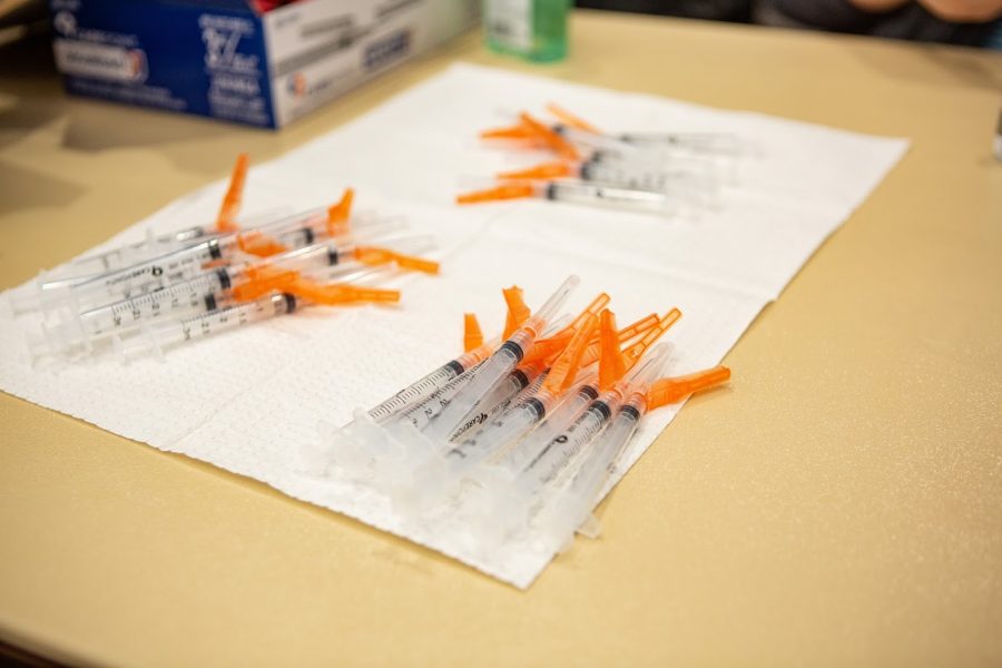 Needles wait to be filled with the Moderna COVID-19 vaccine at the I-Hotel on Jan. 12. The vaccine is now limitedly available to eligible students.