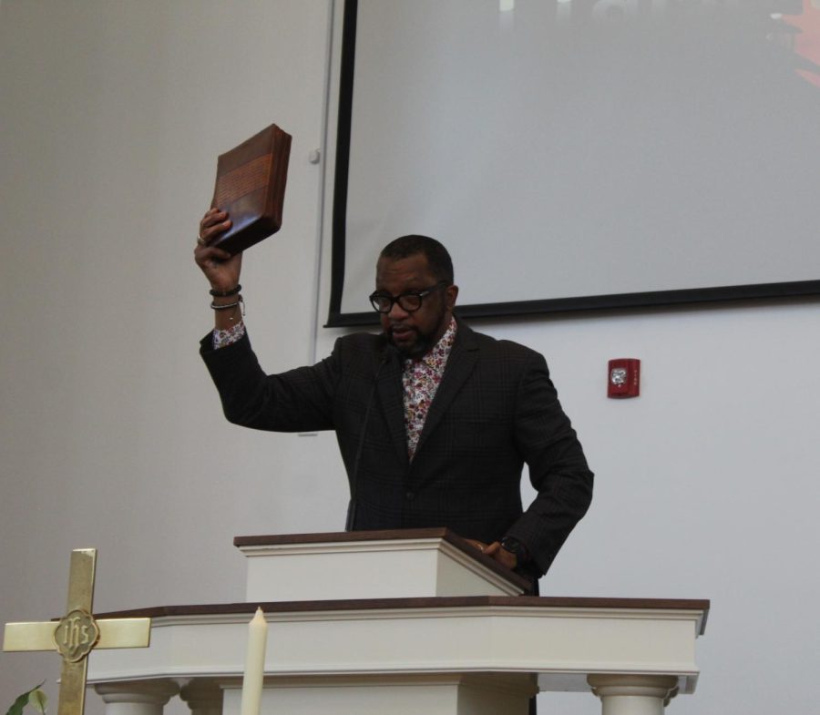 Reverend Rickey E. Parks delivers a sermon at Pilgrim Missionary Baptist Church on Sunday, Feb. 20.