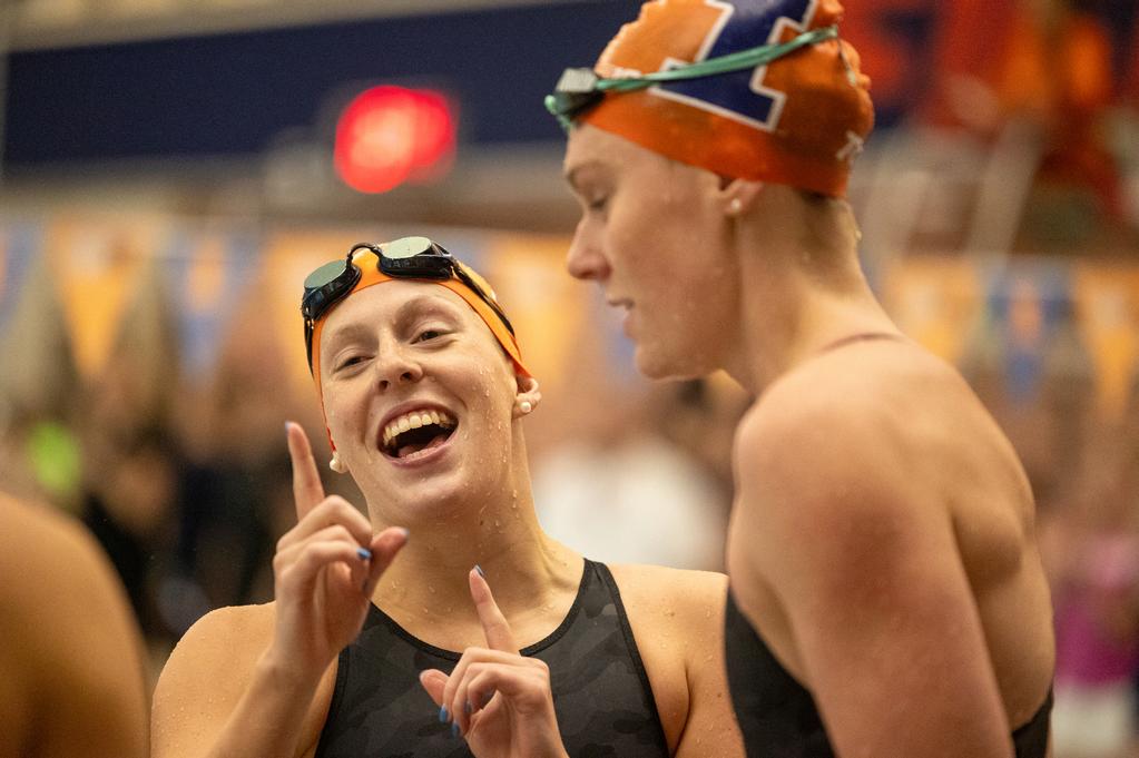 Junior Logan Kuehne celebrates during the meet against Vanderbilt on Nov. 4.