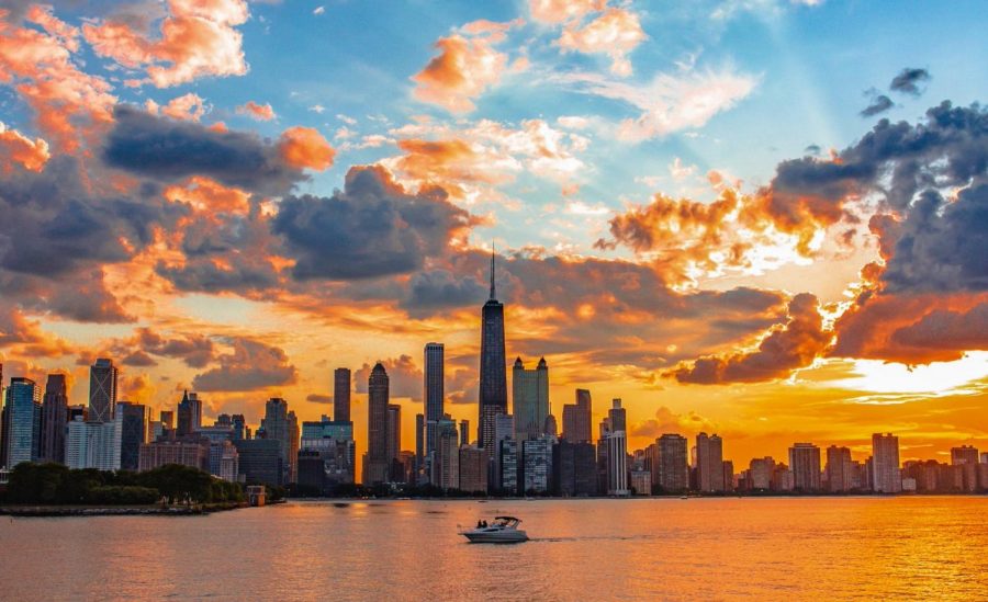 The Chicago skyline is photographed by Jack Gillespie during a colorful sunset. Students Sierra Reed and Gillespie have garnered thousands of followers through TikTok by making the platform into a business opportunity. 