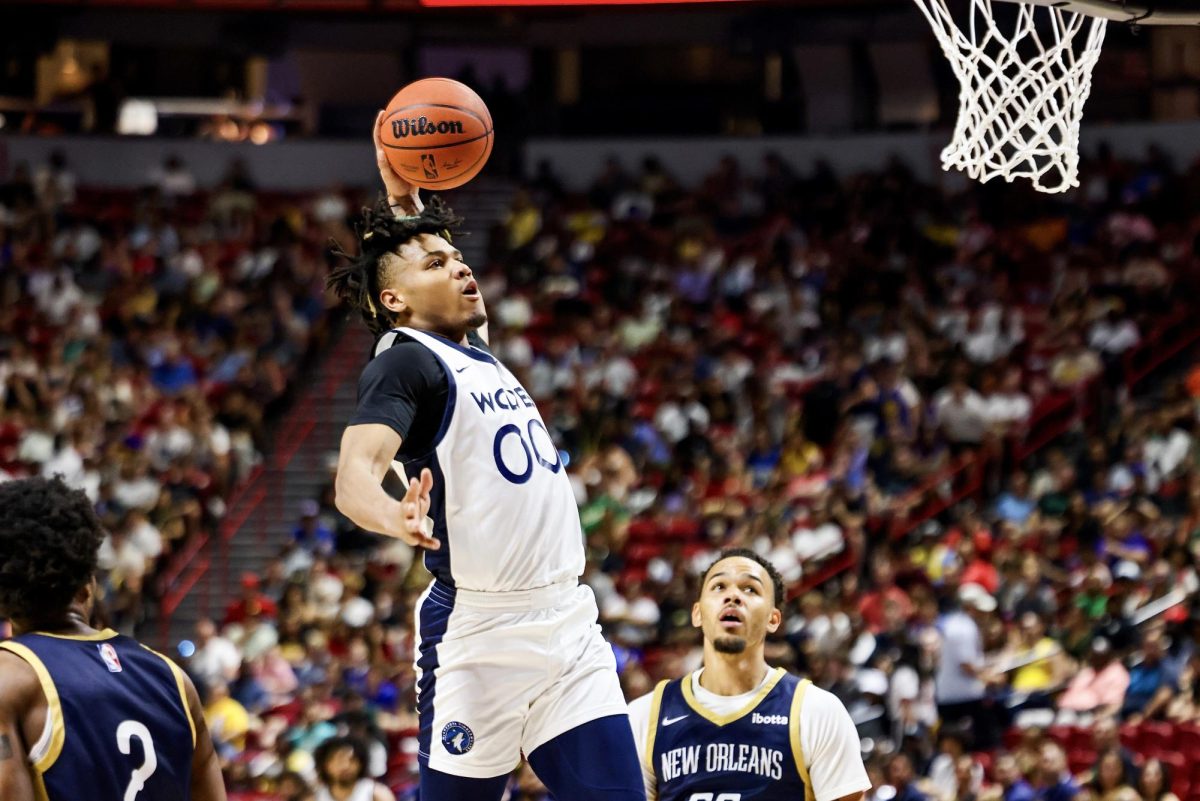 Minnesota Timberwolves rookie and former Illini Terrence Shannon Jr. rises up for a dunk in his NBA Summer League debut on July 12, 2024 in Las Vegas.