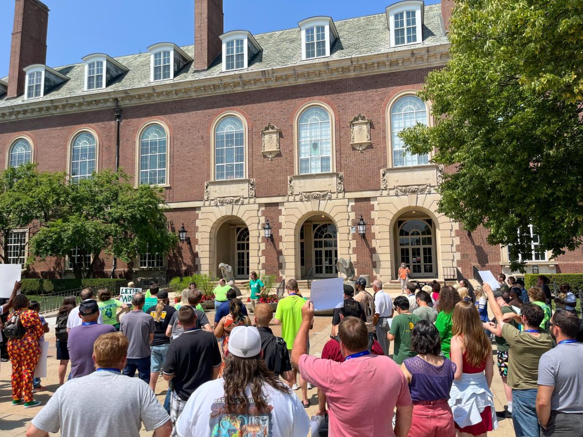 Union supporters and members rally outside of main library on Wednesday