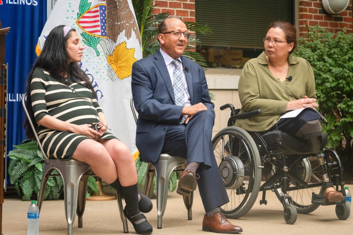 Rashid Bashir, dean of the Grainger College of Engineering, speaks on a panel during a fireside chat at Research Park on Sept. 8.