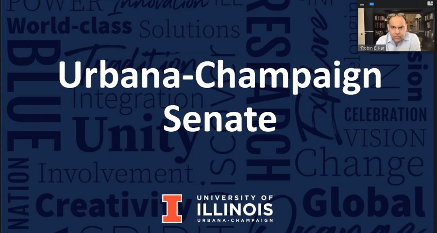 Rob Kar directs the UI senate meeting on Monday, March 8. The senate voted to extend the test-optional admissions policy through 2023. 