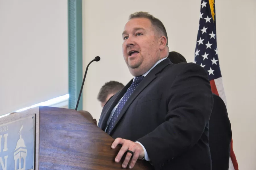 Illinois State Senator Scott Bennett speaks during Gov.  JB Pritzkers campaign at the Illini Union on Aug. 25. Bennett passed away at the age of 45 on Friday at Carle Hospital in Urbana around 1 p.m. 